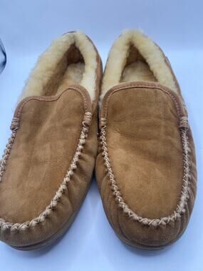 L.L.Bean Men’s Shearling Lined Suede Leather Moccasin Slippers Tan Size 14